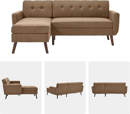 Tbfit L Shaped Couch Sofa, 80" W Mid-Century Modern Sectional Couches, 3 Seater Sofas with Wide Chaise Lounge, Button Tufted Upholstered Sectional Sofa for Living Room, Bedroom, Brown