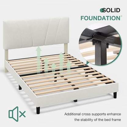 Novilla Queen Bed Frame, Queen Size Bed Frame with Wooden Slats Support, Velvet Upholstered Headboard, No Box Spring Needed, Heavy Duty Feet, Easy Assembly, White Velvet