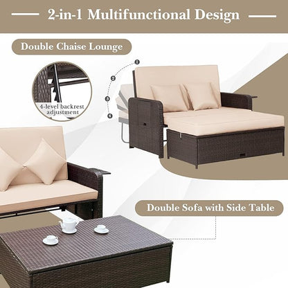 Tangkula Patio Rattan Daybed with 4-Level Adjustable Backrest, Outdoor PE Wicker Loveseat with Storage Ottoman & Folding Side Tray, Double Sunbed Lounger for Balcony, Backyard & Poolside