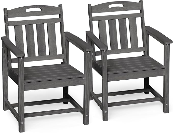 Ciokea HDPE Outdoor Patio Dining Chairs Set of 2, All-Weather Porch Chair with Wide Seat, Durable Outdoor Furniture for Backyard, Garden, Lawn & Poolside, Grey