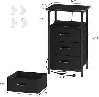 Vagusicc Nightstand Set of 2 with Charging Station, Bedside Table with USB Ports and Outlet, End Table Side Table with 3 Fabric Drawers and Storage Shelf, Bed Side Table Night Stand for Bedroom, Black