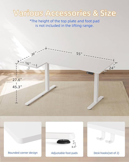 YIHAYO Reversiable L-Shaped Electric Standing Desk, 55 Inches Adjustable Height Corner Desk, Sit and Stand Up for Work Office Home, Computer Table with Splice Board, White