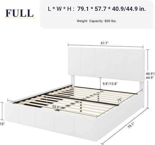 Allewie Full Size Dutch Velvet Upholstered Platform Bed Frame/Vertical Channel Tufted Adjustable Headboard/Low Profile Bed Frame/No Box Spring Needed/Easy Assembly/White