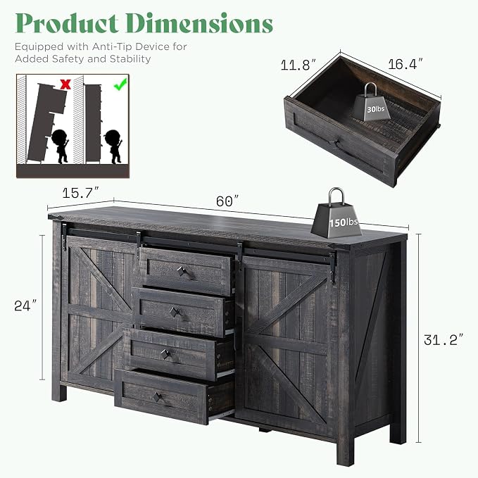 AMERLIFE 3-Piece Farmhouse Bedroom Set, Full Size Bed with Sliding Barn Doors & Bookcase Headboard, 5-Drawer Tall Dresser, 4-Drawer Wide Dresser, Black Oak
