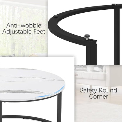 WiberWi Round Coffee Table Nesting Tables Set of 2, Large : Ø 33.5", Small : Ø 25.7", Modern Design Coffee Tables for Living Room, Metal Frame Circle Cocktail Table, High Glossy Faux White Marble