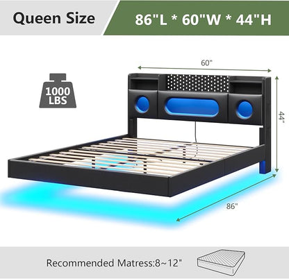 Dnxao Floating Bed Frame Queen with Headboard Storage& LED Lights, PU Black | Modern Metal Platform Bed with USB & Type C Charging Station and Hidden Storage, Metal Support, No Box Spring Needed