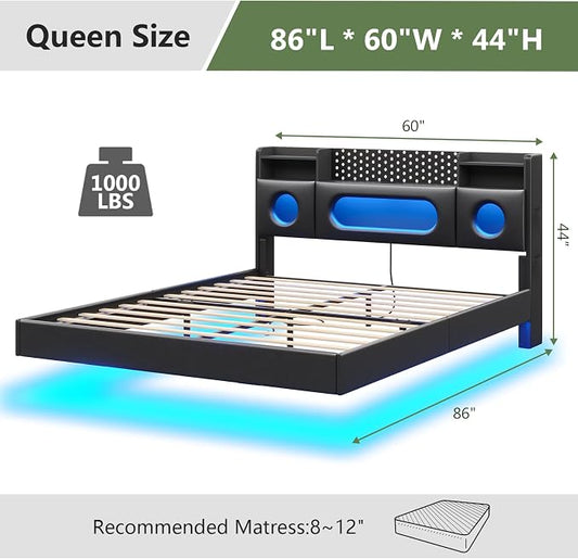 Dnxao Floating Bed Frame Queen with Headboard Storage& LED Lights, PU Black | Modern Metal Platform Bed with USB & Type C Charging Station and Hidden Storage, Metal Support, No Box Spring Needed