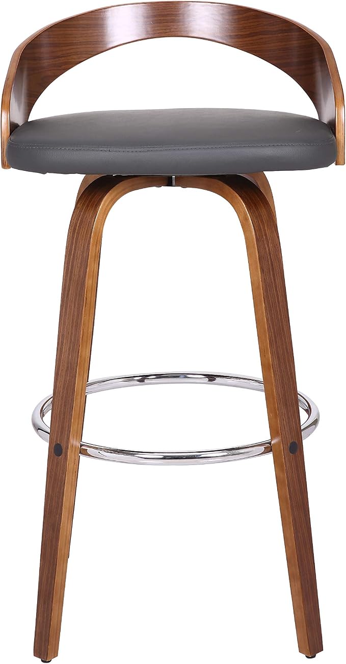Armen Living Sonia 30" Bar Height Swivel Gray Faux Leather and Walnut Wood Bar Stool
