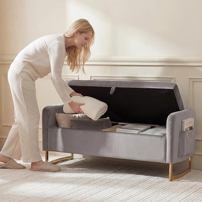 48" End of Bed Bench, Modern Storage Benches with Button-Tufted, Velvet Upholstered Storage Ottoman Bench for Foot of Bed with Arms, Gold Legs Window and Entryway, Light Grey