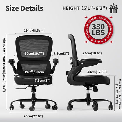TRALT Ergonomic Office Chair - Desk Chair with Adjustable Lumbar Support Computer Chair - Mesh Comfy Chair with Flip-up Armrests - Gaming Chairs for Adults Home Office (Leather, Black)