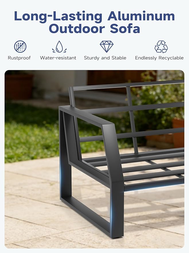 Oversized Outdoor Aluminum Patio Loveseat, 5" Thick Cushions Deep Seat Sofa, Modern Design with Wide Armrests, All-Weather Rustproof Frame for Backyard, Porch, Garden
