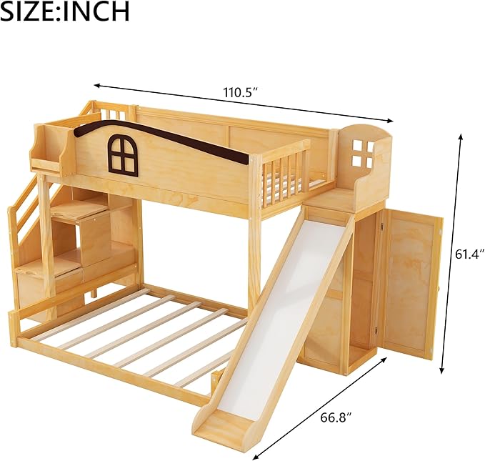 RUNNA Twin Over Full Bunk Bed with Slide,Storage Stairs,Shelf | Twin over full bunk bed with slide, storage stairs, overhead shelf, solid wood, guardrails, no box spring needed