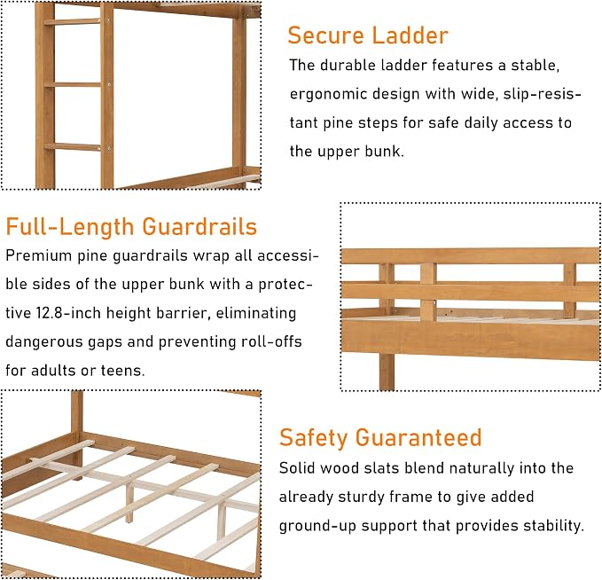 Merax Wood Queen Bunk Bed with Twin XL Trundle & Ladder - Space-Saving Design, Sturdy Frame & Guard Rails,Wood Color