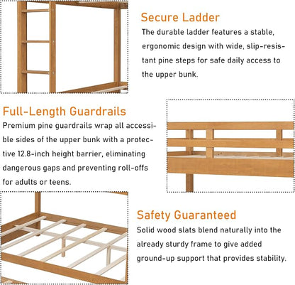 Merax Wood Queen Bunk Bed with Twin XL Trundle & Ladder - Space-Saving Design, Sturdy Frame & Guard Rails,Wood Color