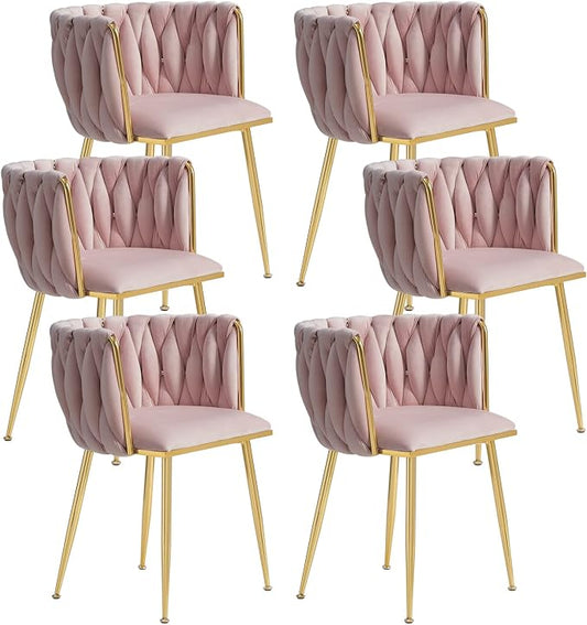 Velvet Dining Chairs Set of 6, Gold Modern Dining Chair with Metal Legs, Woven Upholstered Dining Chairs for Dining Room, Kitchen, Vanity, Living Room (Pink)