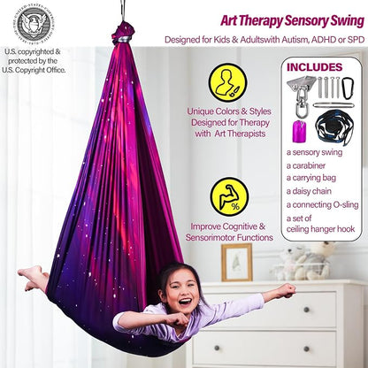 Sensory Swing for Kids & Adults Holds up to 300lbs Indoor & Outdoor Double Layer Therapy Cuddle Swing with 360° Swivel Hanger Kit for Calming, Effect for Autism, ADHD or SPD. (Galaxy Purple)