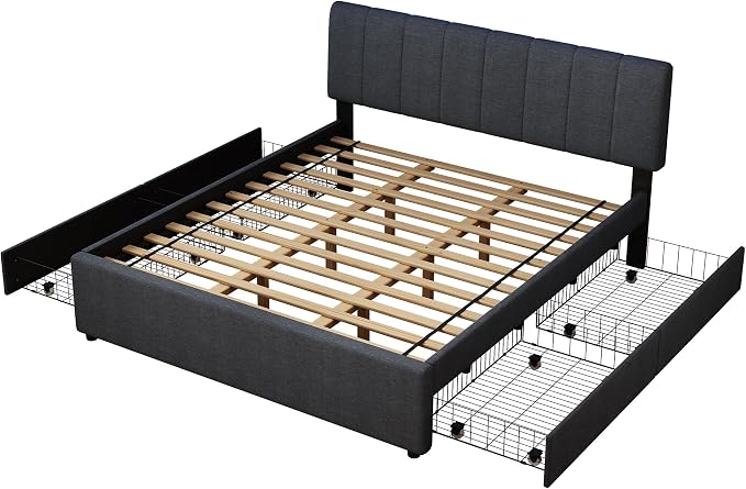 King Size Upholstered Platform Bed with 4 Storage Drawers | 4 Storage Drawers, USB/Type-C Charging,APP-Controlled LED Lights,No Box Spring Needed,Dark Grey Linen Fabric,Easy to Assemble