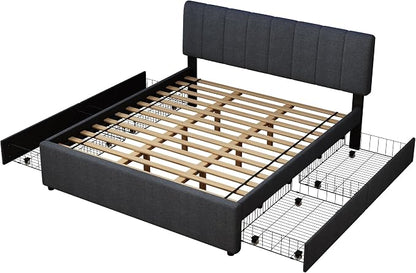 King Size Upholstered Platform Bed with 4 Storage Drawers | 4 Storage Drawers, USB/Type-C Charging,APP-Controlled LED Lights,No Box Spring Needed,Dark Grey Linen Fabric,Easy to Assemble