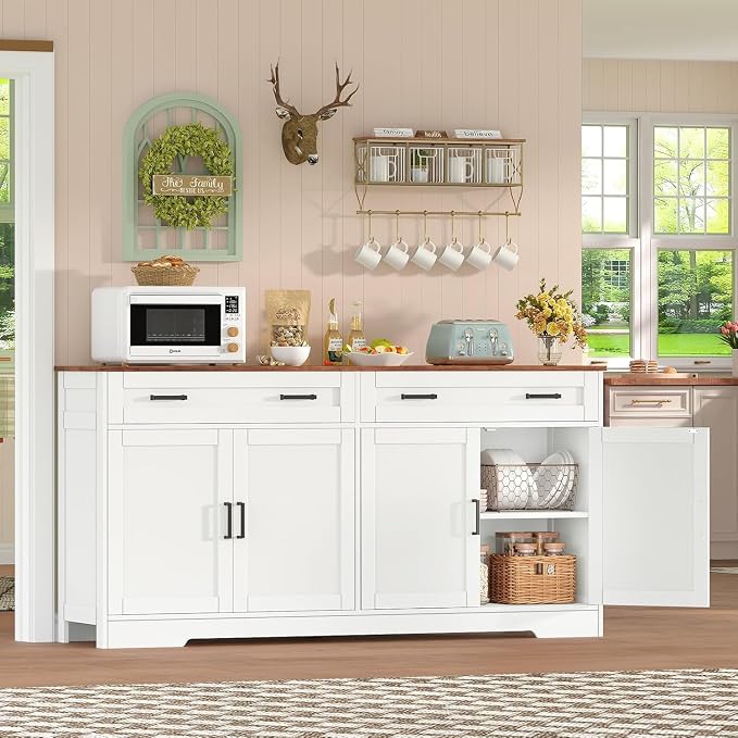 usikey Buffet Cabinet with Storage and Drawers, 55" Large Sideboard Buffet Cabinet with Adjustable Shelves and Doors, Modern Coffee Bar for Kitchen, Living Room, White