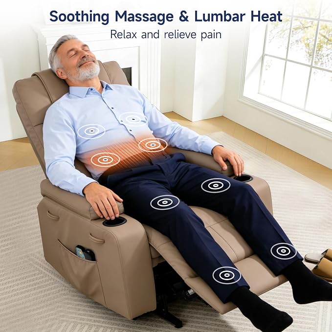 Brage Living Power Lift Recliner Chair for Elderly with Massage & Heat, PU Leather Electric Recliner with USB Charge Port, 160° Adjustable Recline, Stand Assist, Remote Control, Cup Holders (Brown)