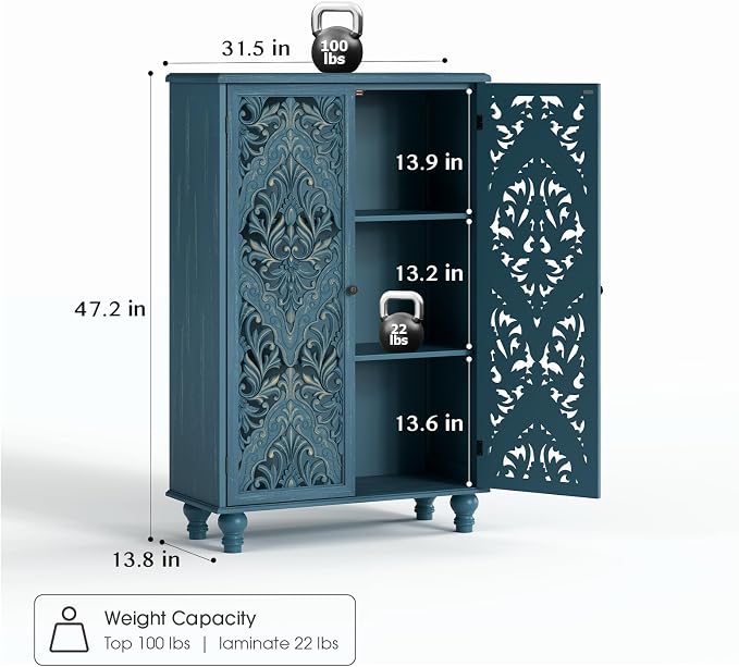JOINICE 47" Tall Accent Cabinet with Carved Doors & Storage for Living Room,Blue Cabinet with Solid Wood Legs & 100lbs Capacity, Farmhouse/Rustic Style for Dining Room, Bedroom, Hallway, Home Office