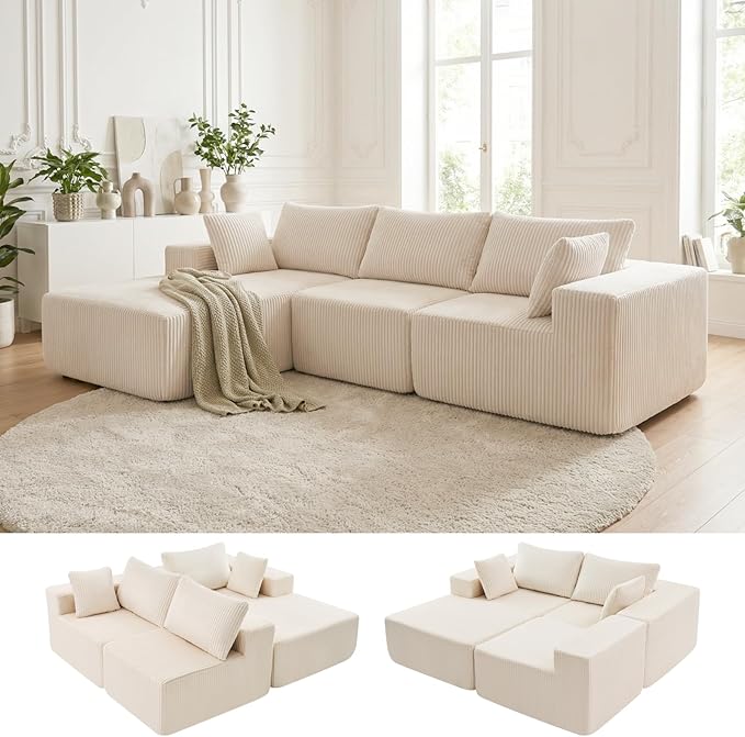 DUMOS 108" L-Shaped Sectional Boneless Couch for Living Room, Upholstered Corduroy Sofa with Deep Seat for Small Apartment, Bedroom, No Assembly in a Box, Left Facing Chaise, Beige