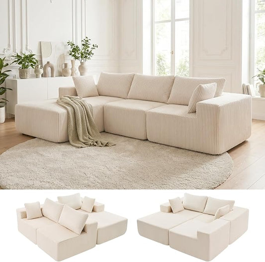 DUMOS 108" L-Shaped Sectional Boneless Couch for Living Room, Upholstered Corduroy Sofa with Deep Seat for Small Apartment, Bedroom, No Assembly in a Box, Left Facing Chaise, Beige
