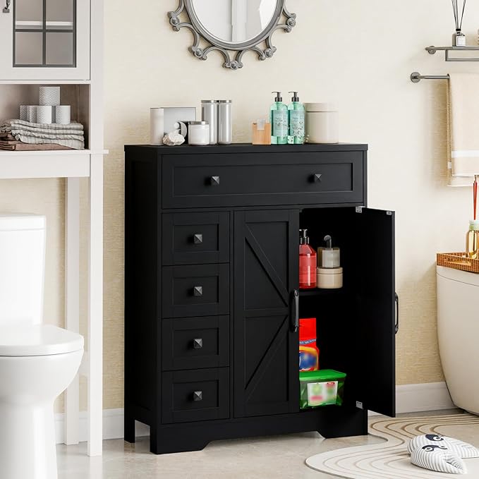 Vabches Farmhouse Storage Cabinet with 2 Doors and 5 Drawers, Freestanding Bathroom Cabinets Kitchen Pantry, Floor Storage Cabinet Hutch Cupboard for Living Room/Bathroom/Kitchen.Pure Black