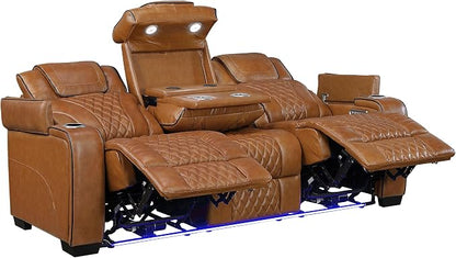 Lexicon Power Double Reclining Sofa, Center Drop-Down Table with Heat/Massage/Headrest/Storage Arms/Cup Holders/LED Lights/Wireless Charging, Top Grain Leather Match Wall Hugger Recliner Sofa, Brown