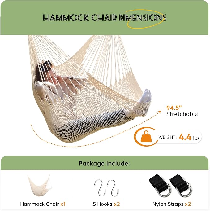 Large Hammock Chair with Hanging Hardware, Caribbean Hammock Hanging Rope Swing Chair No Spreader Bar, XL Hammock Chair Outdoor, Indoor, Bedroom, 330 LBS Weight Capacity, Beige