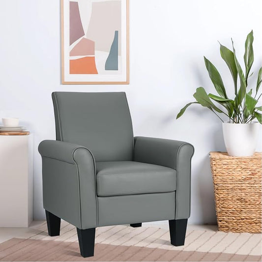 Mid-Century Modern Accent Chair, Overstuffed Leather Chairs for Living Room,Upholstered Comfy Club Chair Fake Faux Leather Armchair for Bedroom Apartment Office Lounge, PU Leather, Grey