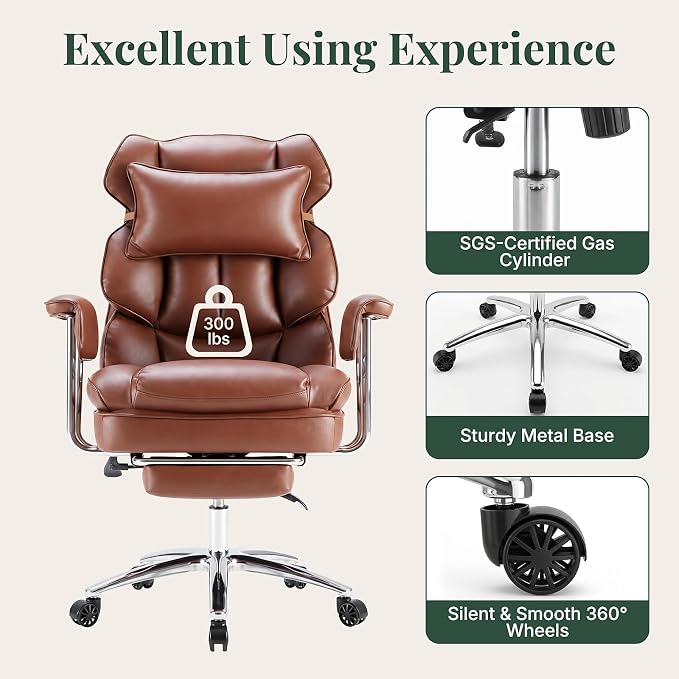 Executive Ergonomic Office Chair, PU Leather High Back Reclining Office Chair with Footrest and Lumbar Support, Height Adjustable Rolling Swivel Computer Chair for Home Office,Brown