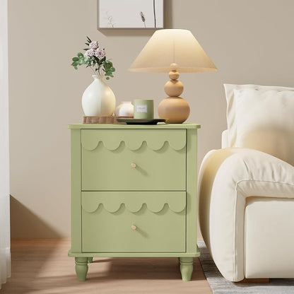 Green Nightstand Side End Table with 2 Drawers, Modern Night Stand with Petal Pattern for Bedroom, Scalloped Bedside Night Tables with Solid Wood Legs