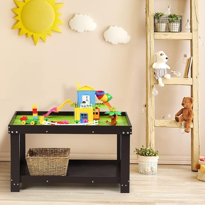 Costzon 2 in 1 Kids Activity Table w/Storage, Patented Building Block Table w/Board for Bricks Crafts Arts Draw, Children Solid Wood Play Table Desk for Preschool Toddler Boy & Girl Gift, Espresso