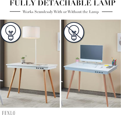 FENLO Future 39" Mid Century Modern Desk for Home Office, Office Desk with USB Charging Station, Wireless Charging, USB, USB-C Ports, White