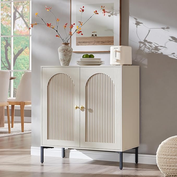 IFGET Modern Buffet Cabinet with Storage, 34" Tall Fluted Arched Sideboard Cabinet w/Adjustable Shelves, Wooden Modular Coffee Bar for Dining Room, Kitchen, Living Room, Entryway, Cream