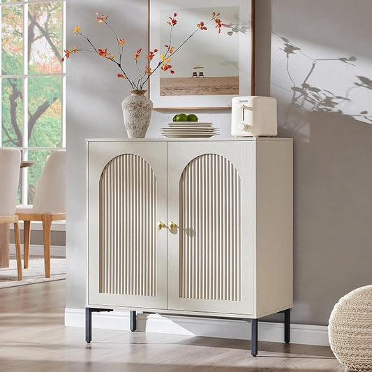 IFGET Modern Buffet Cabinet with Storage, 34" Tall Fluted Arched Sideboard Cabinet w/Adjustable Shelves, Wooden Modular Coffee Bar for Dining Room, Kitchen, Living Room, Entryway, Cream