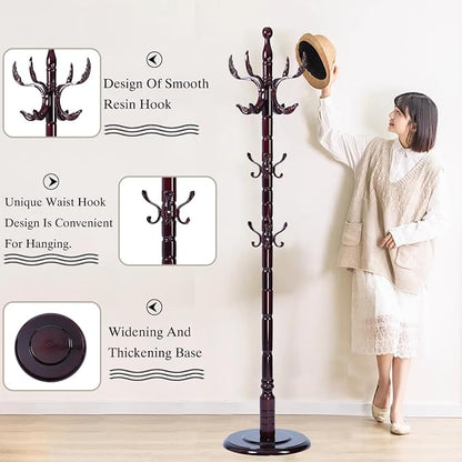 Wooden Coat Rack Freestanding, Hall Tree Hanger With Resin Hooks, Adjustable Heavy Duty Coat Rack for Hanging Clothes Bags Hats in Living Room Bedroom (coat rack, Round Base-Phoenix hook)