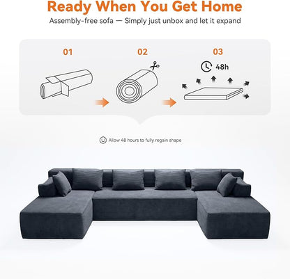 MONVANE 141" U Shaped Cloud Sectional Couch with Chaise Lounge, Modular Sectional Sofa with Removable Armrests, Comfy Corduroy Boneless Couches for Living Room, No Assembly Required, Grey