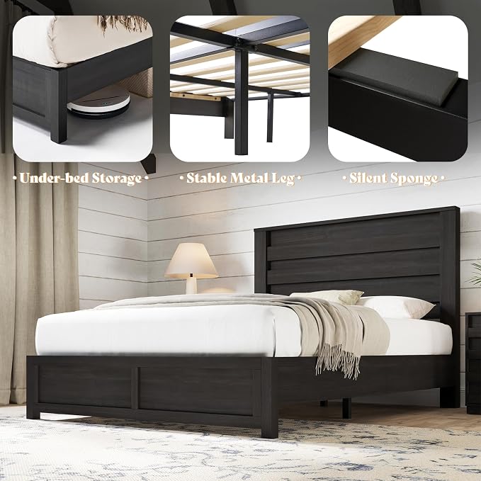 AMERLIFE 2-Piece Farmhouse Bedroom Set, Full Bed Frame and 6 Drawer Dresser, Platform Bed with 49" Fluted Headboard, 54" Wide Wood Chest of Drawer for Bedroom, Black