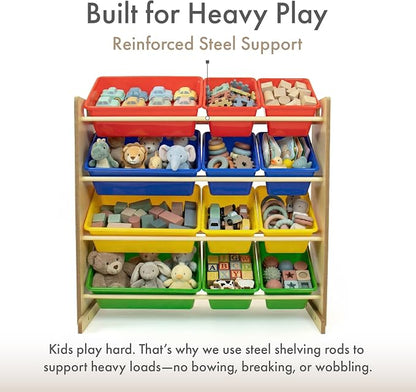 Humble Crew Kids' Toy Storage Organizer with 12 Plastic Bins, Natural/Primary, Model Number: WO560