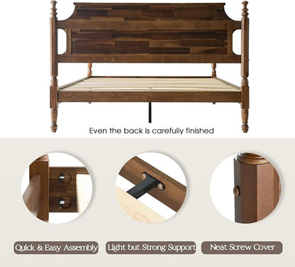 Solid Wood Queen Size Platform Bed Frame with Headboard & Footboard, Central Metal Legs, 12 Durable Slats Base, Anti-Slip & Noise-Free, Easy Assembly, No Box Spring Needed, Walnut Finish, ROQ-37