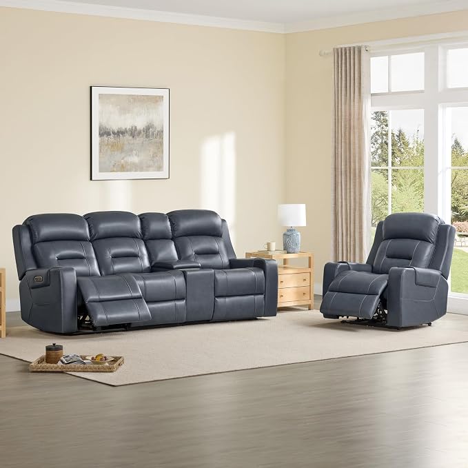 Watson & Whitely Oversized Genuine Leather Power Recliner Chairs for Big and Tall, Extra Wide Lay Flat Recliner with Power Headrest & Cup Holders, Electric Reclining Sofa for Living Room, Navy Blue
