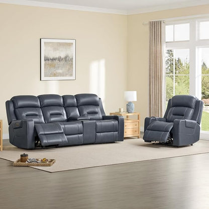 Watson & Whitely Genuine Leather Power Recliner Sofa, Lay Flat Reclining Sofa with Storage Console, Power Headrest & Cup Holders, 3 Seater Electric Reclining Couch for Living Room, Navy Blue