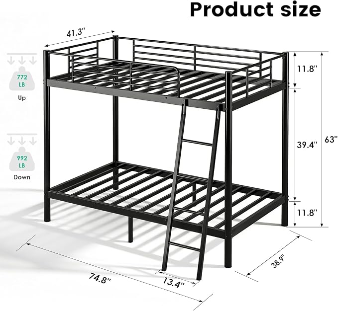 sogesfurniture Twin Over Twin Bunk Bed with 2 Mattresses Included, Bunkbeds | Space-Saving Bundle Heavy-Duty Metal Frame 6-Inch CertiPUR-US Mattresses 11.8" Safety Guardrails Easy Assembly Wide Ladder