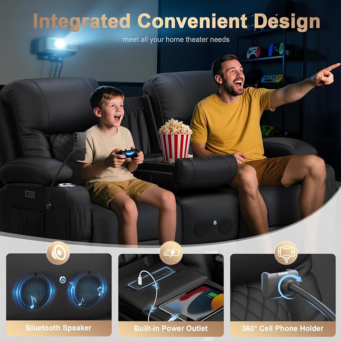 Power Loveseat Recliner Sofa, Electric Reclining Loveseat Couch with Console, Home Theater Seating with Bluetooth Speaker & LED Light, Zero Wall Hugger RV Sofa Furniture with Built-in Outlet & Storage