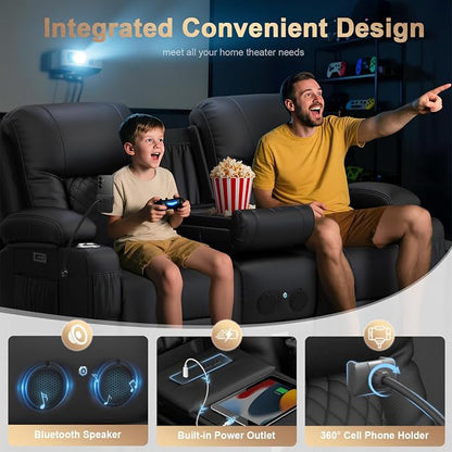 Power Loveseat Recliner Sofa, Electric Reclining Loveseat Couch with Console, Home Theater Seating with Bluetooth Speaker & LED Light, Zero Wall Hugger RV Sofa Furniture with Built-in Outlet & Storage
