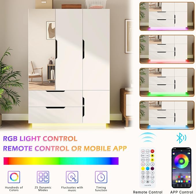 Hlivelood 3 Doors Armoire Wardrobe Closet with Mirror,2 Large Drawers, LED Light Wood Wardrobe Closet, Armoire with Hanging Rod for Bedroom, White