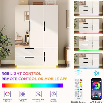 Hlivelood 3 Doors Armoire Wardrobe Closet with Mirror,2 Large Drawers, LED Light Wood Wardrobe Closet, Armoire with Hanging Rod for Bedroom, White