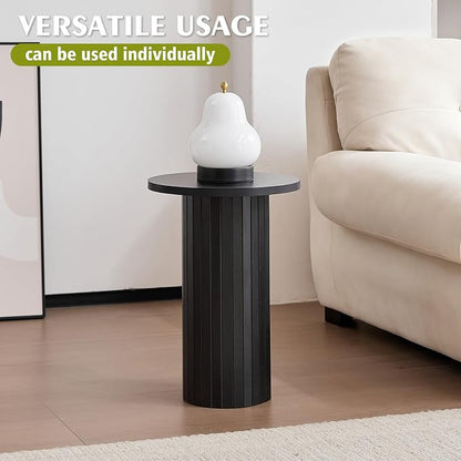 Round Side Tables Set of 3, Circle Modern Fluted Nesting Coffee Table, Accent End Table Set for Living Room and Bedroom, Black